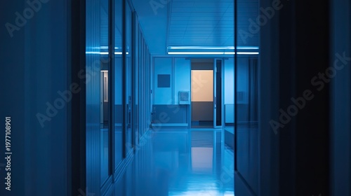 Long empty hospital hallway bathed in cool blue light, sterile modern clinic interior with glossy floors, minimalist corridor and futuristic, tranquil medical atmosphere