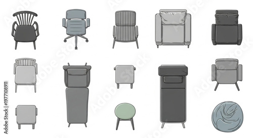 Collection of Diverse Chairs and Furniture Items Top View.
