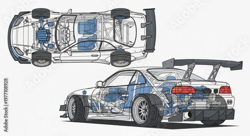 Detailed Illustration of a Racing Car and its Undercarriage.