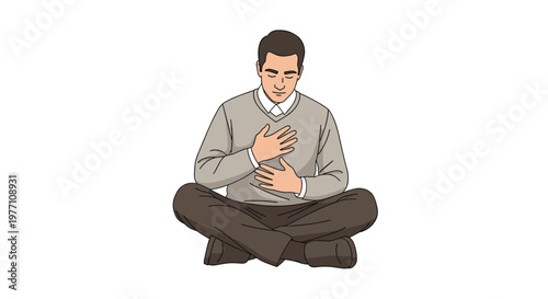 Calm man wearing a grey sweater and dark brown trousers sits in a peaceful cross-legged meditative pose with his hands placed gently over his chest area.