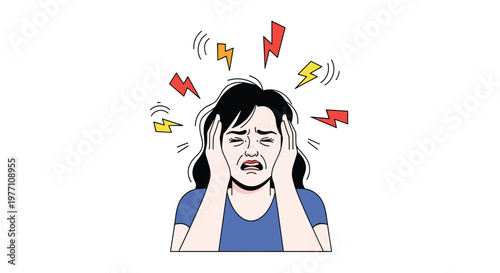 Suffering woman with black hair experiences a painful migraine while holding her head amidst vibrant red and yellow lightning bolt symbols on white space.