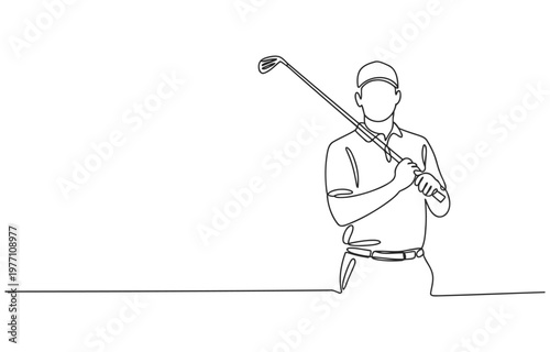 Golfer standing with club minimalist line art illustration hole in one recreation outdoors standing activity equipment competition championship tournament concentration professional