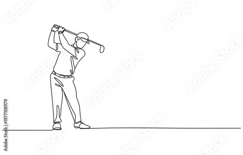 Golfer in the middle of a swing single line art illustration hole in one recreation outdoors activity equipment competition championship tournament concentration professional clubhouse