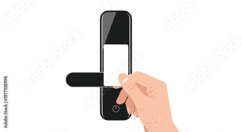 Human hand holds a pristine white electronic keycard up to a modern black digital door lock system featuring a minimalist handle and circular power icon.