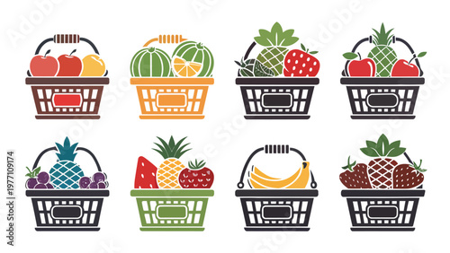 Colorful fruit baskets icons with various fruits shopping baskets and fresh produce on white background for food and grocery concepts