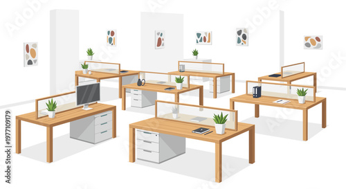 A bright and airy modern office space features several light wood workstations with white drawers, green potted plants, and colorful abstract wall art.