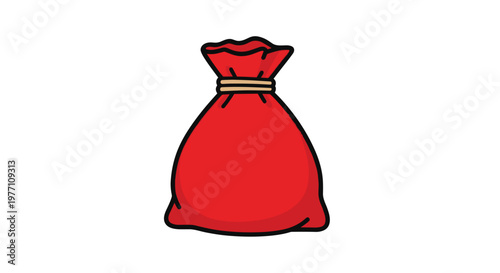 A vibrant red fabric sack is tightly secured at the top with a simple tan rope and stands prominently against a clean and minimalist white background.