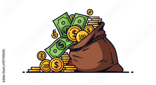 A large brown burlap sack overflows with vibrant green dollar bills and shiny golden coins against a clean white background in a detailed vector style.