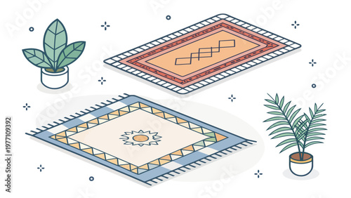 Simple modern wool mats icons with plants on white background for home decor inspiration