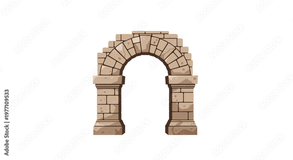 Fototapeta premium A classic architectural archway is meticulously constructed from neat rectangular tan stone blocks creating a symmetrical and sturdy structure on a white background.