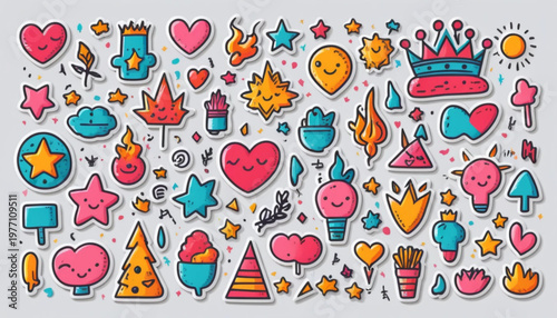 A collection of hand-drawn doodle icons in a cheerful sketch style, scattered random compositions, various abstract symbols