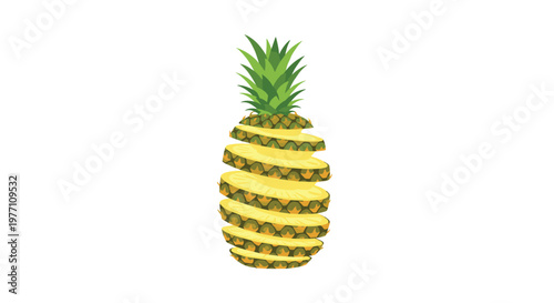 A ripe pineapple is expertly sliced into horizontal segments that are slightly offset to showcase the juicy yellow fruit and the spiky green crown.