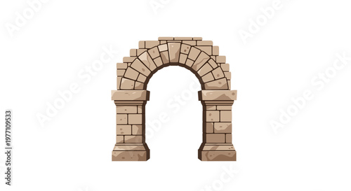A classic architectural archway is meticulously constructed from neat rectangular tan stone blocks creating a symmetrical and sturdy structure on a white background.