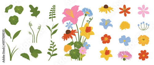 Spring flower vector set with colorful floral elements, leaves and bouquet corner arrangement. Pastel botanical collection for greeting cards, invitations, posters and seasonal design.