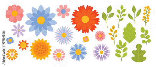 Spring flower vector set with colorful floral elements, leaves and bouquet corner arrangement. Pastel botanical collection for greeting cards, invitations, posters and seasonal design.
