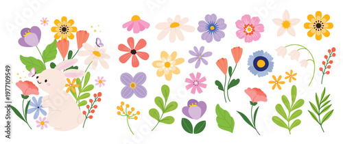 Spring flower vector set with colorful floral elements, leaves and bouquet corner arrangement. Pastel botanical collection for greeting cards, invitations, posters and seasonal design.