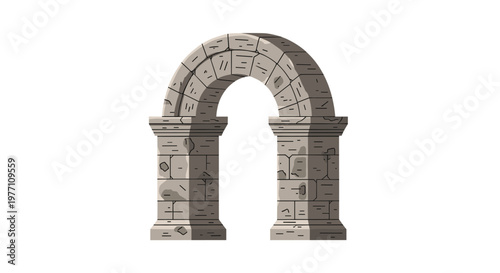 A weathered and ancient stone archway displays visible cracks and signs of erosion across its greyish-brown blocks against a stark white background setting.