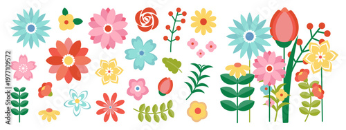 Spring flower vector set with colorful floral elements, leaves and bouquet corner arrangement. Pastel botanical collection for greeting cards, invitations, posters and seasonal design.