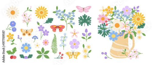 Spring flowers vector set with butterfly, leaves and pastel floral bouquet in striped vase. Colorful botanical collection for greeting cards, invitations, posters and seasonal design.