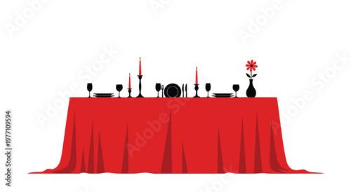 A sophisticated dining table silhouette featuring black plates and tall candles rests upon a vibrant red draped tablecloth against a white background.
