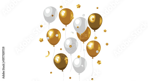 A vibrant cluster of shimmering gold and silver balloons is surrounded by floating geometric confetti and stars against a clean white background.