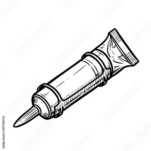 Black and white illustration of a caulk tube isolated against a white background with detailed sketch lines