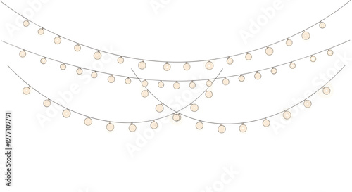 Multiple rows of warm glowing circular string lights hang in graceful overlapping swags across a vast and empty white space creating a festive atmosphere.