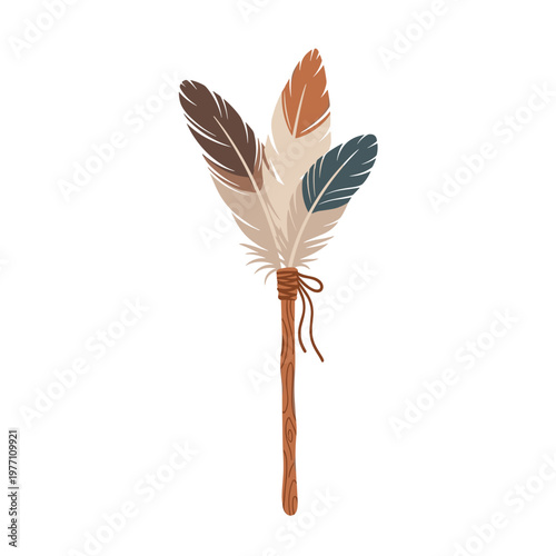 Decorative wand with colorful feathers isolated on white background, featuring natural textures and vibrant hues