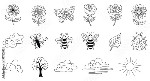A collection of black and white drawings of insects and nature isolated on white background, Vector, illustration