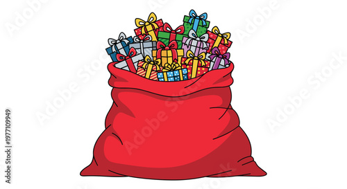 An iconic plush red Santa Claus sack bursting with an assortment of colorful wrapped presents featuring various patterns sits on a pristine white background.