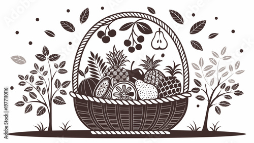 Fresh fruit basket with varied produce and leaves on white background healthy eating concept