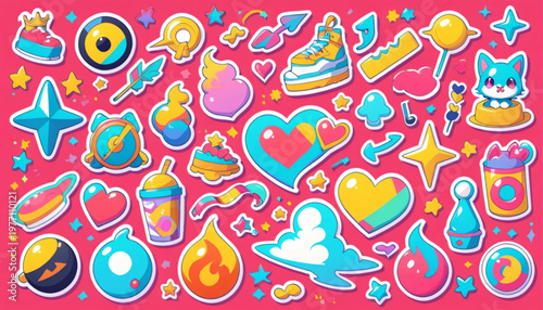 A collection of hand-drawn doodle icons in a cheerful sketch style, scattered random compositions, various abstract symbols