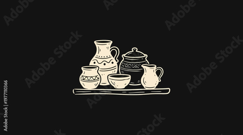 Rustic Ceramic Pottery Collection on Black Background