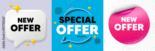 New offer speech bubble. 3d sparkles chat, Paper sticker. New offer tag. Special price sign. Advertising Discounts symbol. Special offer bubble. Halftone dots pattern. Vector