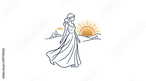 Woman in Flowing Dress Admiring Sunset