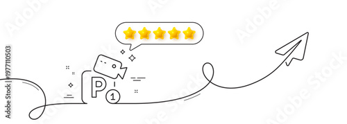 Parking with video monitoring line icon. Continuous line with share plane. Car park sign. Transport place symbol. Five star rate review in speech bubble. Parking security single line ribbon. Vector