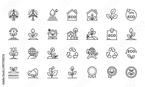 Eco Friendly Line Icons Set Renewable Energy Organic Nature Sustainability Vector Collection