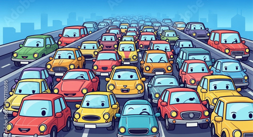 Cartoon cars stuck in traffic jam on highway illustration.