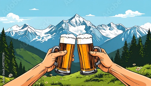Two Hands Clinking Beer Mugs in a Mountain Landscape.
