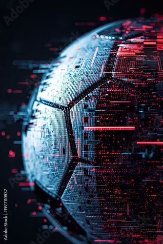 Futuristic digital soccer ball with glowing patterns and pixelated effects against a dark background, showcasing technology and sports innovation