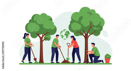 Diverse group of people planting trees together symbolizing environmental conservation and teamwork flat vector illustration for eco-friendly campaigns
