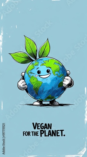 Cartoon illustration of a smiling Earth character with green leaves, promoting veganism with the text 