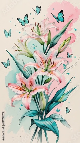 Colorful illustration of pink lilies surrounded by butterflies on a soft pastel background, showcasing floral beauty and nature's elegance