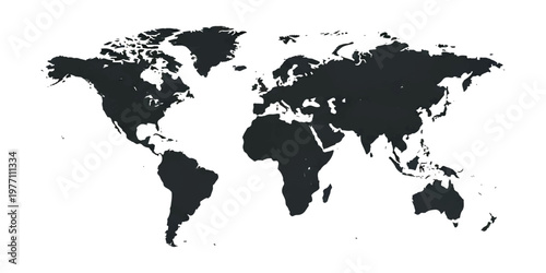 A detailed and minimalist black silhouette map of the earth showing all major continents and land