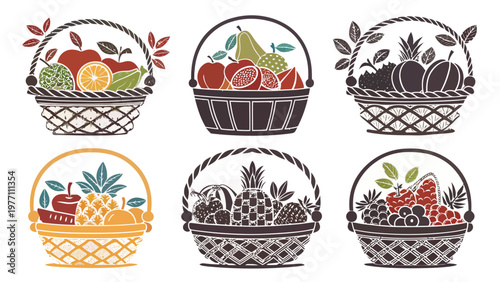 Six fruit baskets with colorful silhouettes representing abundance and variety of fresh produce