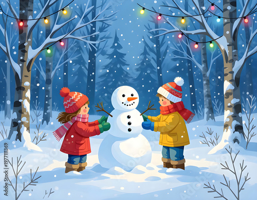 Children building snowman in snowy forest at christmas time