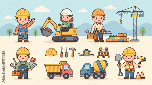 Cartoon Construction Workers and Equipment A Colorful Vector Illustration.