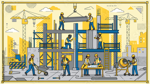 Construction Site Illustration Workers Building a Structure.