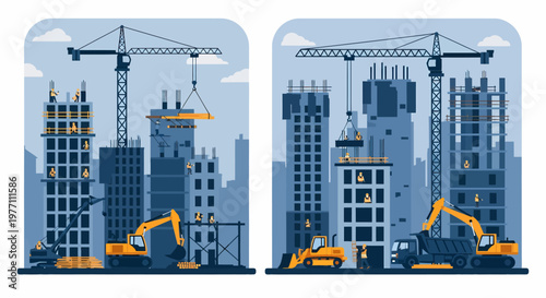 Construction Site Scenes with Cranes and Heavy Machinery.