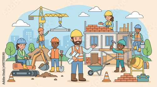 Construction Site Scene with Workers and Equipment Illustration 1.